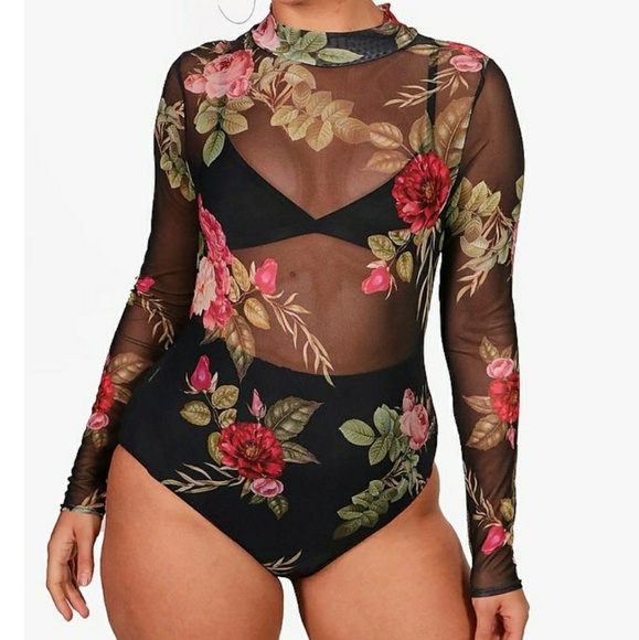Boohoo Tops - Boohoo Sheer Floral Bodysuit